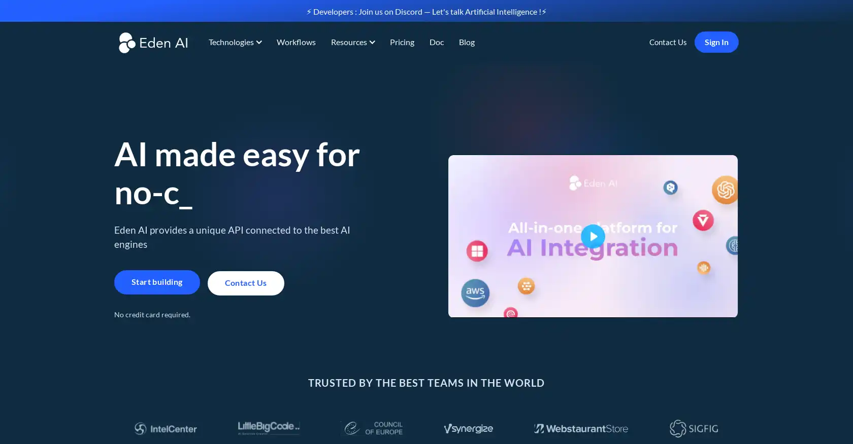 Eden AI - AI tool for No-code, Developer Assitant, Product Buidler, Low-Code