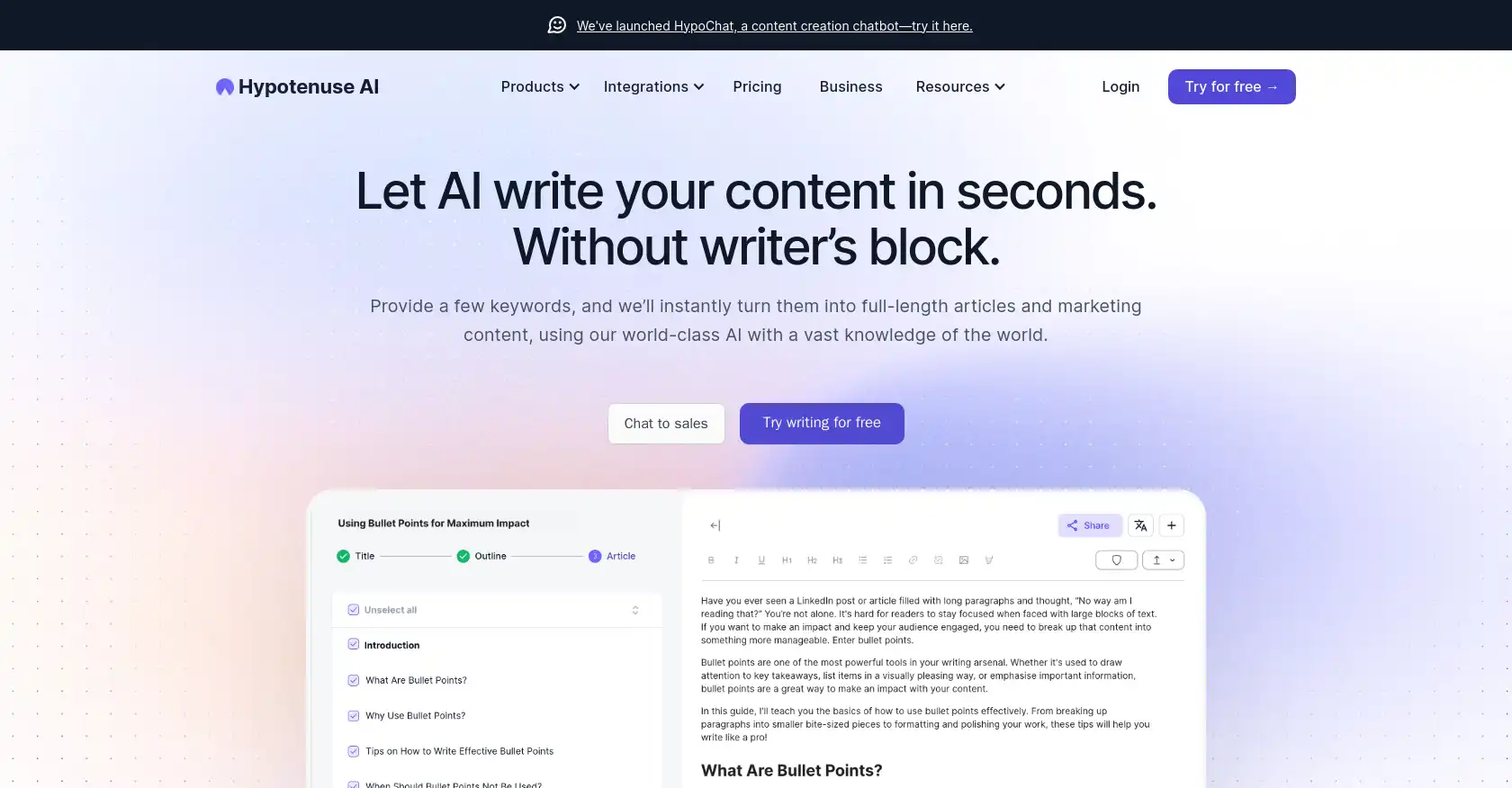 Hypotenuse AI - AI tool for Writing assistant, Content Creation, Landing Pages, Ads