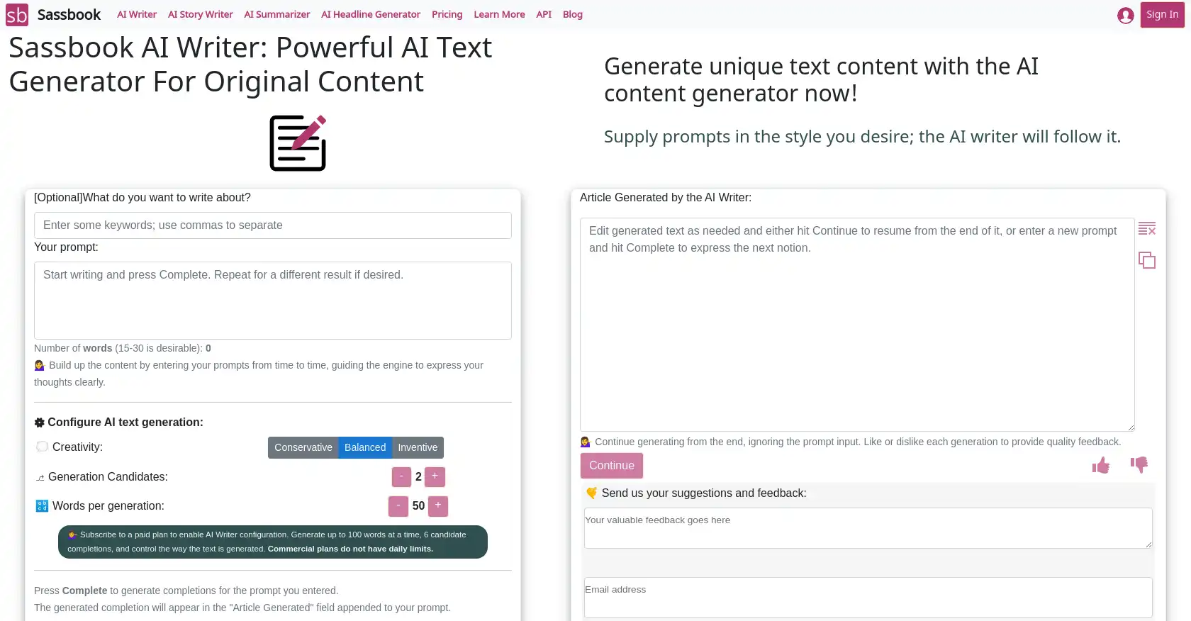 Sassbook AI Writer - AI tool for Content Creation, Writing assistance